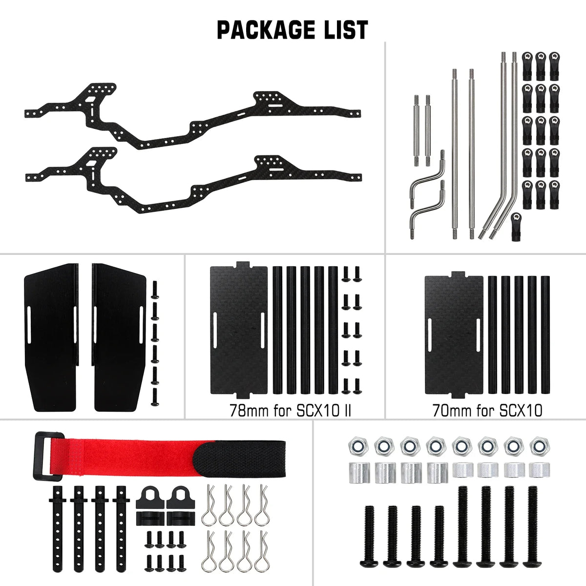 Châssis carbone INJORA 416 mm SCX10 – vue du kit