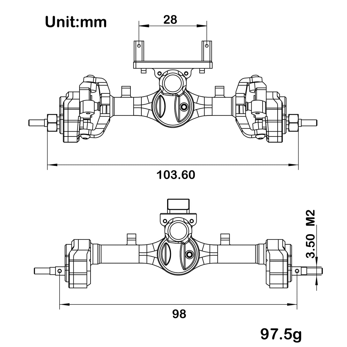 Ponts portiques MEUS Racing +6,2 mm SCX24 – vue complémentaire