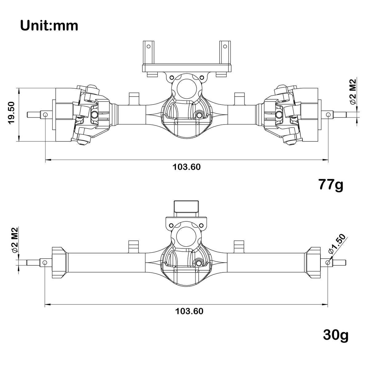 Ponts métal MEUS Racing V3 +9 mm SCX24 – vue complémentaire