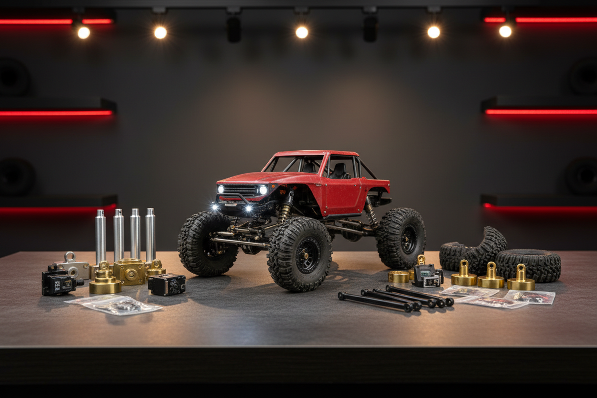 Crawler RC rouge préparé sur établi avec pièces d’amélioration