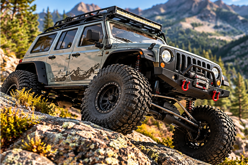 SCX10 crawler on rocky mountain terrain